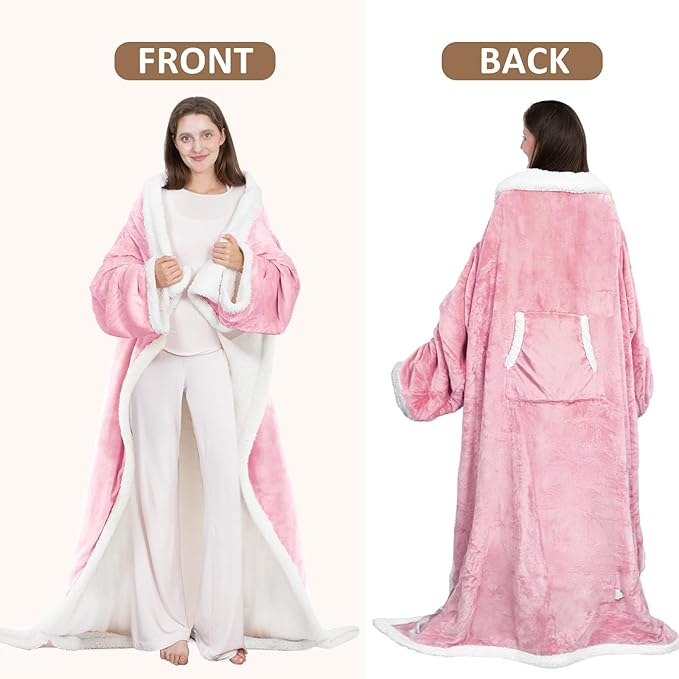 Wearable Heated Blanket with Foot Pocket, 52"x72" Electric Blanket with Sleeves for 12 Hours Timer6 Heat Settings, Flannel & Sherpa, Pink