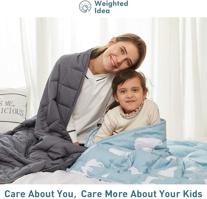 Weighted Idea Cooling Weighted Blanket Kids 7 lbs 41" x 60" (100% Cotton, Blue Animal) with Premium Glass Beads