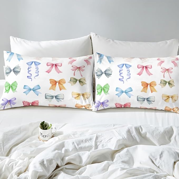 Bowknot Bedding Set Twin Size Colorful Bow-tie Princess Style Bed Set for Teens Kids Sheet Dreamy Fairy Tale Theme Girly White Bed Cover(1 Fitted Sheet+1 Pillow Case)