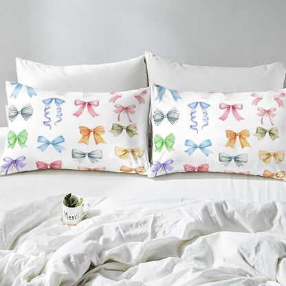 Bowknot Fitted Sheet,Full Size Colorful Bow-tie Princess Style Collections,Dreamy Fairy Tale Theme Girly White Bedding Deep Pocket for Children Teens Young with 2 Pillowcases