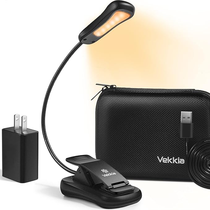 Vekkia Book Light Set with Charger, Clip on Reading Light in Bed with 3 Brightness, Up to 60 Hrs, Rechargeable, Eye-Care Warm LED for Read Before Bed (Incl Travel Case, Cable)