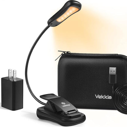 Vekkia Book Light Set with Charger, Clip on Reading Light in Bed with 3 Brightness, Up to 60 Hrs, Rechargeable, Eye-Care Warm LED for Read Before Bed (Incl Travel Case, Cable)