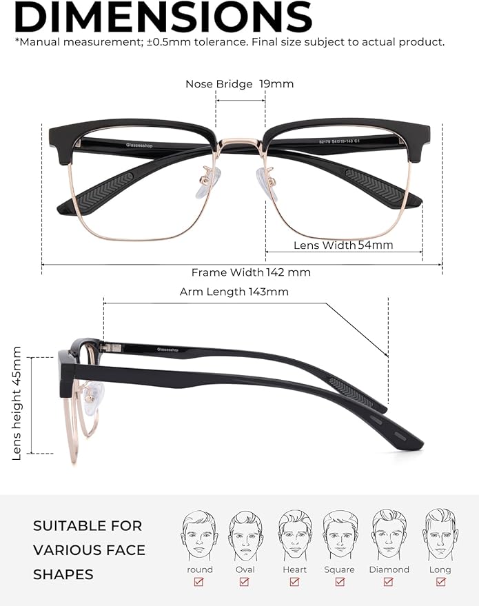 Blue Light Glasses Men Rectangle Large Browline Computer Gaming Glasses Blue Blocker Anti-Glare Uv400 Protection Clear Lens