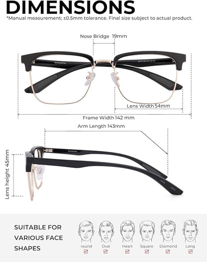 Blue Light Glasses Men Rectangle Large Browline Computer Gaming Glasses Blue Blocker Anti-Glare Uv400 Protection Clear Lens