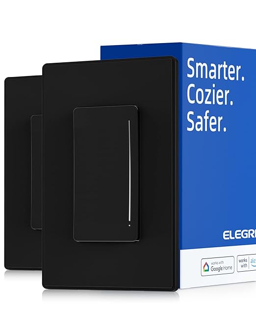 ELEGRP Smart Dimmer Light Switch DTR30, Single Pole or 3 Way, 2.4GHz Wi-Fi Touch Dimmer Compatible with Alexa/Google Assistant, Needs Neutral Wire, No Hub Required, UL Listed, Matte Black, 2 Pack