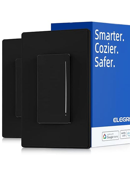 ELEGRP Smart Dimmer Light Switch DTR10, Single Pole Setup, 2.4GHz Wi-Fi Touch Dimmer Compatible with Alexa/Google Assistant, Needs Neutral Wire, No Hub Required, UL Listed, Matte Black, 2 Pack