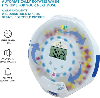 EziMedPil Automatic Pill Dispenser Frosted Lid with Alarm, Sound & Light, up to 6 Alarms/Day, 6 Dosage Templates, LCD Display, Key Locked 28-Day Medication Dispenser for Protecting Pills Privacy