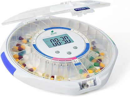JULOS 28-Day Automatic Pill Dispenser with Lock for Elderly, Electronic Medication Organizer with Sound/Light Alerts, up to 6 Alarms/Day, Frosted Lid Medication Dispenser for Protecting Pills Privacy