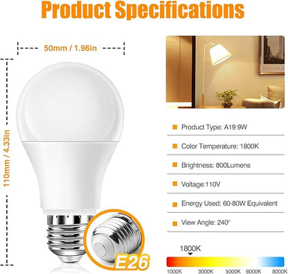 Neporal Amber Sleep Light Bulbs 1800K 4PK, 9W 60 Watt Equivalent, 99.96% Blue Blocking Soft Warm Light Bulbs A19, Amber Night Light E26 for Bedroom and Baby Nursery Light