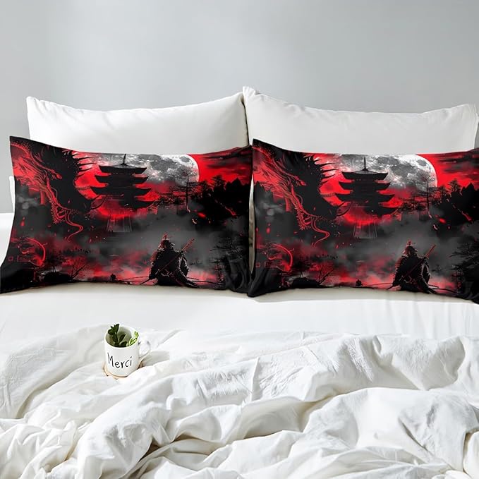 Manfei Western Dragon Kids Sheet King Size,Japanese Samurai Japan Ukiyo-e Style Scenery Bedding Set,Boys Girls Room Decor,Ancient Animal Red Black Bed Sheet Set 4pcs(Fitted + Flat + 2 Pillowcases)