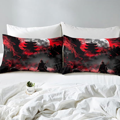 Manfei Western Dragon Kids Sheet King Size,Japanese Samurai Japan Ukiyo-e Style Scenery Bedding Set,Boys Girls Room Decor,Ancient Animal Red Black Bed Sheet Set 4pcs(Fitted + Flat + 2 Pillowcases)