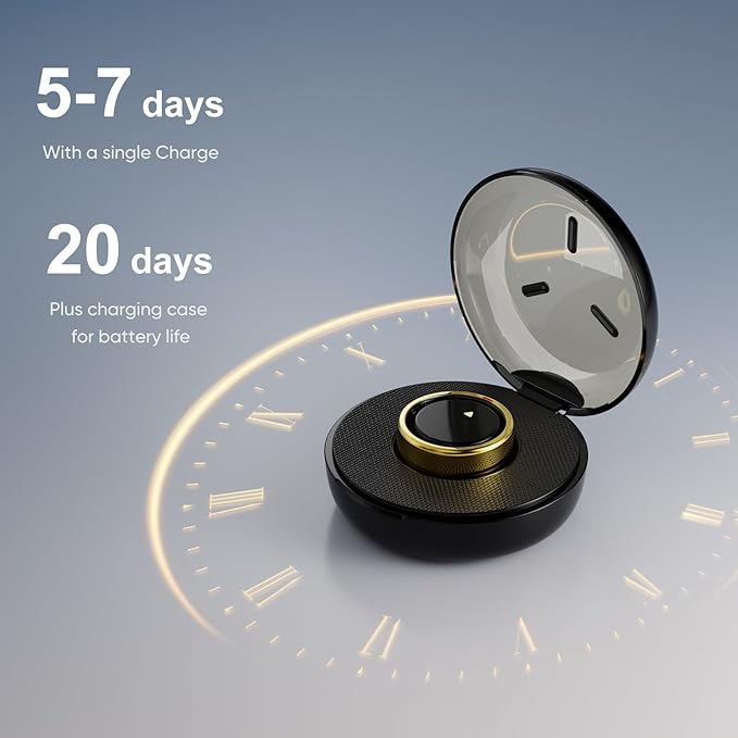 Smart Ring for Women Men- Sleep/Fitness/Stress/Heart Rate Tracker- Menstrual Records - 7 Days Battery Life - Wireless Charging - No APP Subscription - iOS & Android Compatible (Gold, Size 10)