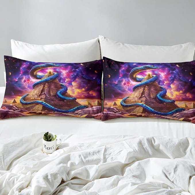 Blue Snake Fitted Sheet Full Size,Starry Sky Galaxy Planet Trippy Bedding Set,Boys Girls Room Decor,Egypt Noble Animals Boho Psychedelic Bed Cover,Purple Unique Bed Sheet,2 Pillowcases