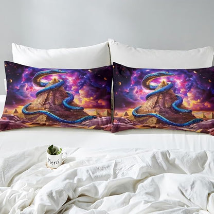 Blue Snake Fitted Sheet Full Size,Starry Sky Galaxy Planet Trippy Bedding Set,Boys Girls Room Decor,Egypt Noble Animals Boho Psychedelic Bed Cover,Purple Unique Bed Sheet,2 Pillowcases
