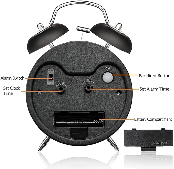 Loud Alarm Clock for Heavy Sleepers Adults, Metal 4 Inches Twin Bell Battery Operated Alarm Clocks for Bedrooms Decoration, Silent Non-Ticking Back-to-School Gift (Black)