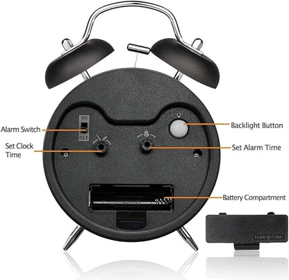 Loud Alarm Clock for Heavy Sleepers Adults, Metal 4 Inches Twin Bell Battery Operated Alarm Clocks for Bedrooms Decoration, Silent Non-Ticking Back-to-School Gift (Black)