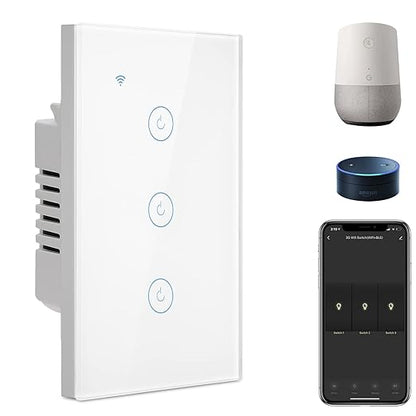 BSEED Smart Light Switch,3 Gang WiFi Touch Switch with Smart Life APP Control and Timing Function,White Single Pole Switches Work with Amazon Alexa,Google Assistant -(3Way) Multi-Control Association