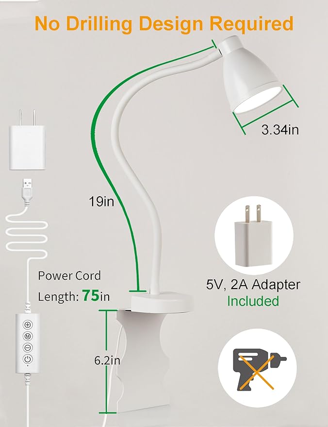 BOHON Reading Lights for Books in Bed, 5 Color 10 Brightness, Without Install Bedside Lamp, Half Hour Auto-Off Timer, Flexible Neck Wall Lamps for Bedroom Headboard Office Home (White)