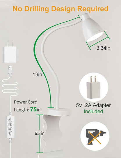 BOHON Reading Lights for Books in Bed, 5 Color 10 Brightness, Without Install Bedside Lamp, Half Hour Auto-Off Timer, Flexible Neck Wall Lamps for Bedroom Headboard Office Home (White)