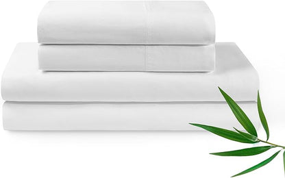 YnM Cooling Bed Sheet Set with 100 Percent Rayon Derived from Bamboo, 400TC Fabric with 2 Pillowcases and Flat Sheet, Deep Pocket Fit 19'', Silky-Soft & Sweat Wicking, 4 Piece (King, White)