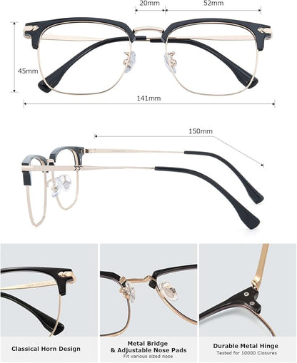 Blue Blocker Glasses for Men Metal Browline Computer Gaming Glasses Filter Blue Ray (Gold Metal/Black TR90 Eyeglasses)