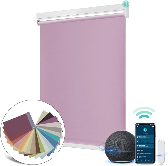 Allesin Motorized Roller Shade Work with Alexa for Window, 100% Blackout Smart Shades Cordless with Remote Control, Electric Automated Blinds for Window, Customized Size for Smart Home (Light Purple)