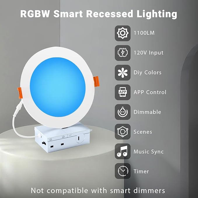DAYBETTER WiFi 6 Inch Recessed Lights Can -RGBCW Color Changing Tunable White (2700KK-6500K), Ultra Thin Dimmable LED Alexa Voice Control Wafer Light Easy Install 2Pack