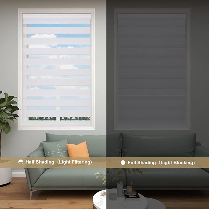 Changshade Blackout Cordless Zebra Blinds for Indoor Windows Doors, Custom Size Zebra Roller Shades Dual Layer Fabric Light Blocking Darkening for Living Room, Bedroom, Bathroom, Easy Install, White
