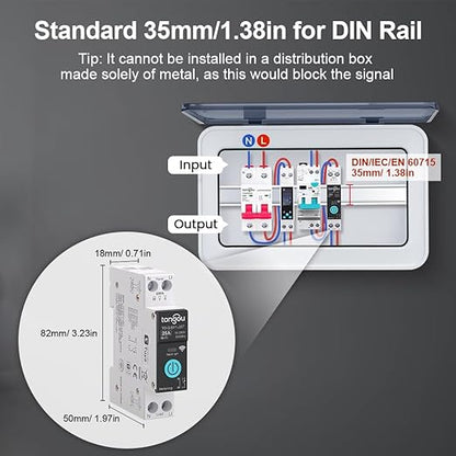 DIY 1P+N Smart Wi-Fi Switch, Work with Alexa and Google Assistant for Voice Control, 25A with Energy Monitor, Smart Life/Tuya APP Remote Control, Timer Functions, DIN Rail Mounted,FCC Certified