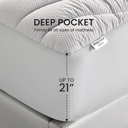 SLEEP ZONE Cooling Queen Mattress Topper for Single Bed, Premium Zoned Quilted Mattress Pad, Fitted Mattress Protector Cover, Machine Wash Durable, Deep Pocket 8-21 inch (Silver Grey, Queen)