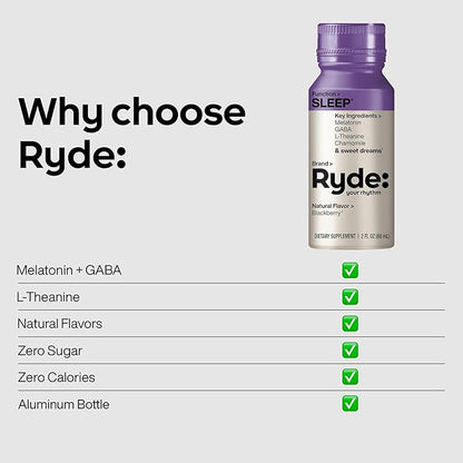 Ryde: SLEEP | 2oz Sleep Shot for Occasional Use | Melatonin, GABA, L-Theanine & Chamomile | Blackberry Natural Flavor | Sugar-Free, Zero Calories, Vegan | Manufactured in USA (8 Pack)