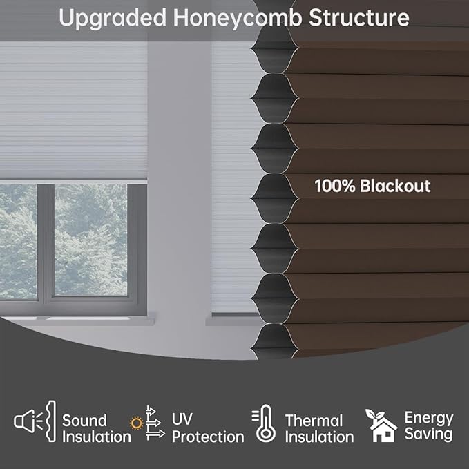 Cellular Shades Blackout Honeycomb Blinds for Indoor Windows, Cordless Cellular Shades 1.5 inch Cell Pleated for Bedroom Home Office, Custom Size, Blackout Brown