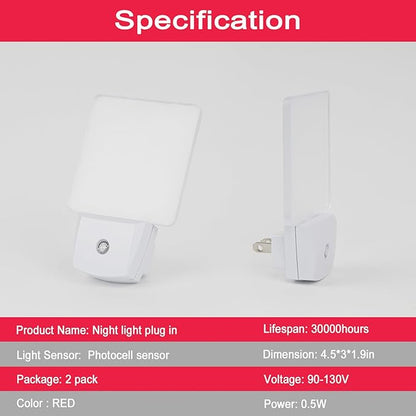 2 Pack 0.5W Plug in LED Night Light with Dusk to Dawn Sensor Red