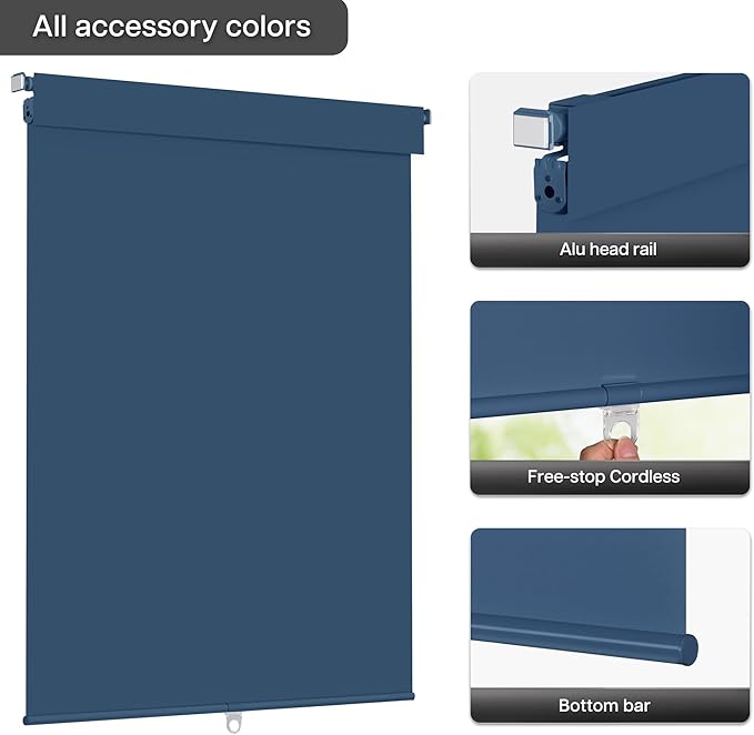 LazBlinds No Drill Blinds for Indoor Windows, Blackout Roller Shades, Cordless Window Blackout Blinds, Thermal Insulated Fabric UV Protection for Home and Office, 21.5" W x 72" H, Navy Blue