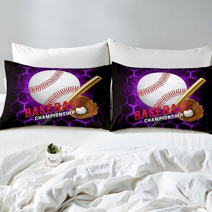 Manfei Baseball Sheet Set Full Size, Ball Gaming Sports Themed Bedding Set for Kids Boy Teen Room Decor, Purple Honeycomb Bed Sheet Set 4pcs with Deep Pocket Fitted Sheet + Flat Sheet + 2 Pillowcases