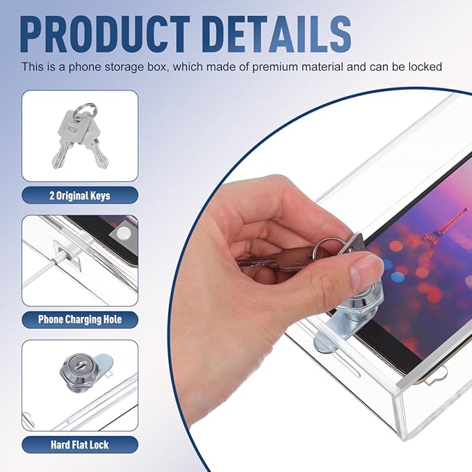 TEHAUX Transparent Acrylic Lock Box for Mobile Phones, Secure Employee Phone Locker with Charging Port, 7.79 X 3.93 X 1.96 Inch, Ideal for Office and Home Use