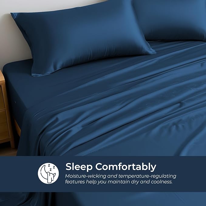 LINENWALAS Queen Size Flat Sheet Only - Rayon Derived from Bamboo Silk Bed Sheet, Premium Breathable Cooling Sheet, Soft Organic Top Bed Sheet (Queen, Navy Blue)