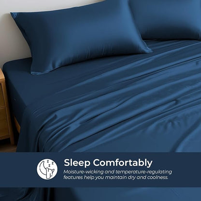 LINENWALAS Queen Size Flat Sheet Only - Rayon Derived from Bamboo Silk Bed Sheet, Premium Breathable Cooling Sheet, Soft Organic Top Bed Sheet (Queen, Navy Blue)