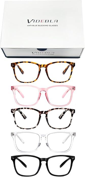 VIDEBLA 5 Pack Blue Light Blocking Reading Glasses,Spring Hinge Readers for Women Men,Anti UV Ray Filter Nerd Eyeglasses