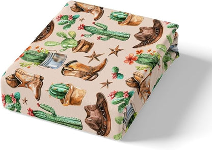 Western Cowboy Fitted Sheet,American Tribal Boots Hats Retro Texas Star Soft Decorative Fabric Bedding Natural Desert Cactus Rustic Brown Pocket Twin Size with 1 Pillowcase