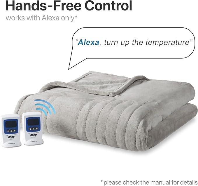 Beautyrest Heated Electric Blanket for Cold Weather, Fast Heating Wi-Fi Heated Blanket, Voice Command Alexa Compatible, Auto Shut Off, Virtually Zero EMF, 20 Heat Setting, UL Certified, Queen Gray