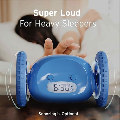 CLOCKY Alarm Clock on Wheels – Loud Rolling Alarm Clock for Heavy Sleepers | Runaway Clock That Jumps & Runs to Wake You Up | Funny Unique Gift for Adults, Teens & Kids Bedrooms (Blue)