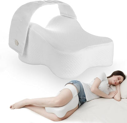 Pregnancy Knee Pillow for Side Sleepers with Strap, Memory Foam Leg Pillow for Sciatica Pain Relief, Hip & Back Support, Alignment Cushion for Pregnant Women, Post Surgery Leg Elevation (White)