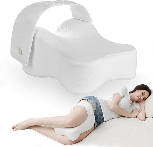 Pregnancy Knee Pillow for Side Sleepers with Strap, Memory Foam Leg Pillow for Sciatica Pain Relief, Hip & Back Support, Alignment Cushion for Pregnant Women, Post Surgery Leg Elevation (White)