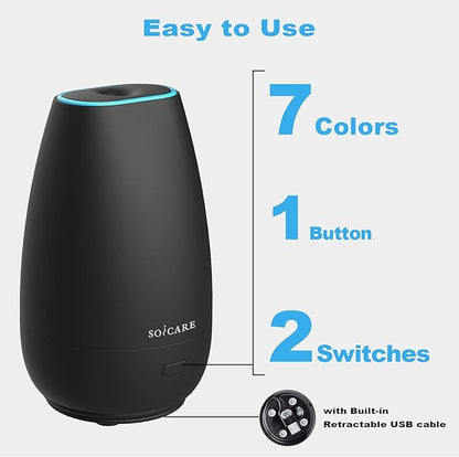 SOICARE Car Diffuser for Essential Oils, Small Portable Car Essential Oil Diffuser with Built-in USB Cable, Mini Aromatherapy Air Scent Humidifier Diffuser for Travel/Office/Home (Elegant Black)