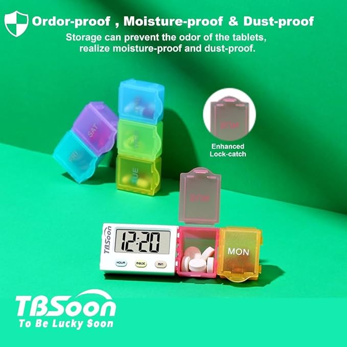 [4 in 1] 7 Day Medicine Pill Organizer+5 Reminder Alarms+Timer+Clock,Large Compartment,Loud Sound,Large Screen,Moisture-Proof,Dust-Proof,Travel Weekly/Daily Pill Box/Organizer/Case/Container/Dispenser