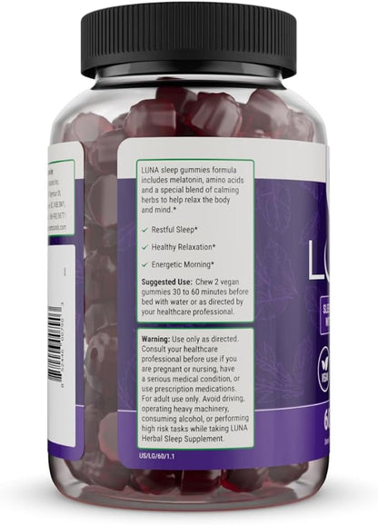 Nested Naturals Luna Sleep Gummies - Non-Habit Forming Melatonin Gummies 3mg with L-Theanine, Valerian Root, GABA, and Lemon Balm - Sleep Gummy for Adults - Mixed Berry, 60 Vegan Gummies