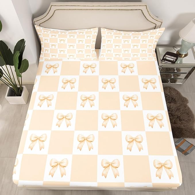 Yellow Bowknot Fitted Sheet Queen Size,Geometric Yellow White Plaids Grids Patchwork Soft Bed Cover(1 Fitted Sheet+1 Pillow Case),Princess Bow-tie Dreamy Girly Bow Breathable Mattress Cover