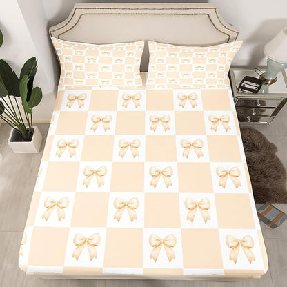 Yellow Bowknot Fitted Sheet Queen Size,Geometric Yellow White Plaids Grids Patchwork Soft Bed Cover(1 Fitted Sheet+1 Pillow Case),Princess Bow-tie Dreamy Girly Bow Breathable Mattress Cover