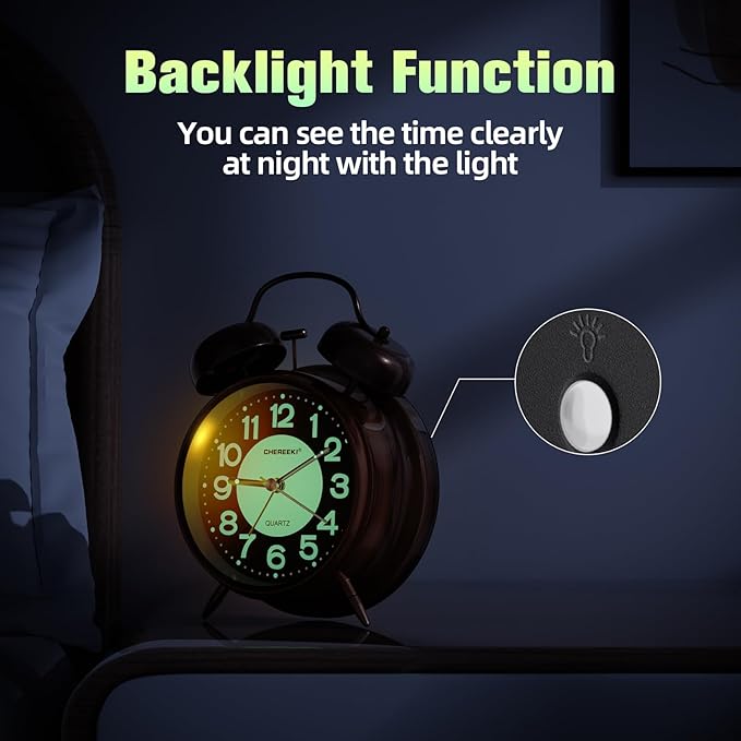 CHEREEKI Loud Alarm Clock for Heavy Sleepers Adults, Silent Non Ticking Analog Clock with Backlight, Luminous Dial, Battery Operated Alarm Clock for Bedroom, Included Battery, Vintage Copper